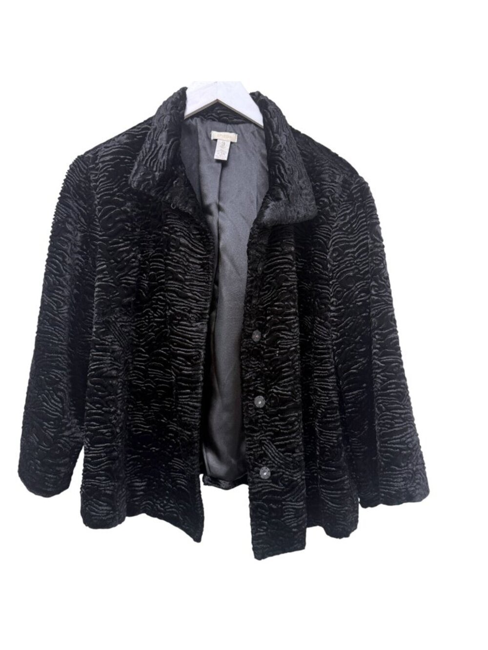 Chicos Black Faux Fur Jacket Large Snap Front Faux Persian Lamb Evening Wear